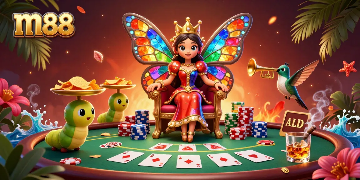Engage with an m88 casino experience featuring a festive butterfly queen, colorful poker chips, and vibrant gaming elements.