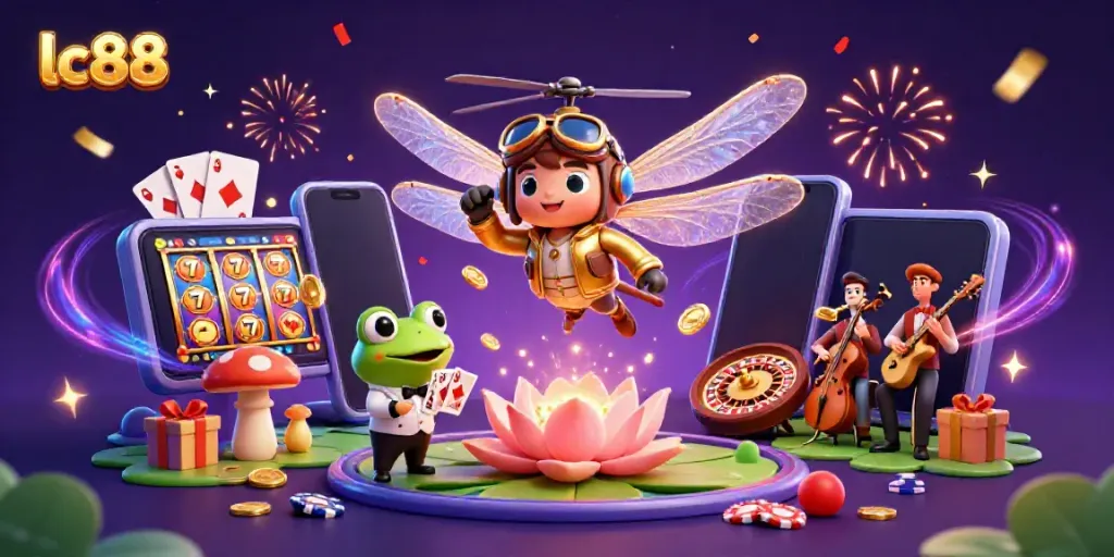 Experience excitement at lc88 with a dragonfly pilot, frog croupier, and jazz musicians in a vibrant casino scene.