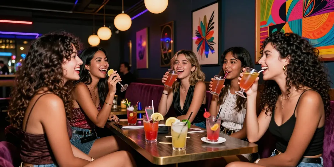 Nhóm gái gọi vui vẻ tại quán bar sang trọng với ánh đèn neon.