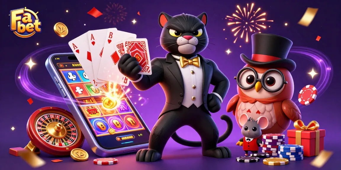Fa bet's stylish panther elegantly deals cards amidst vibrant casino games