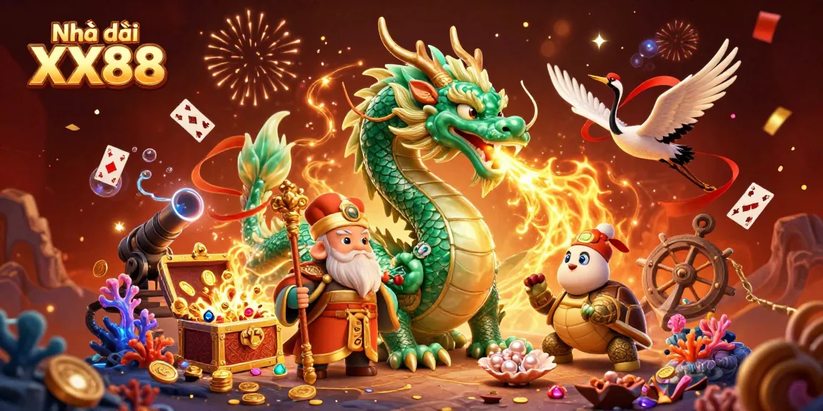 Experience the vibrant world of Nhà cái XX88 with a majestic emerald dragon, cartoon characters, and casino elements.