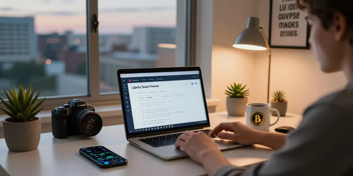 libertyswap user engaging with cross-chain transactions in a modern office, showcasing digital asset charts and a productive workspace