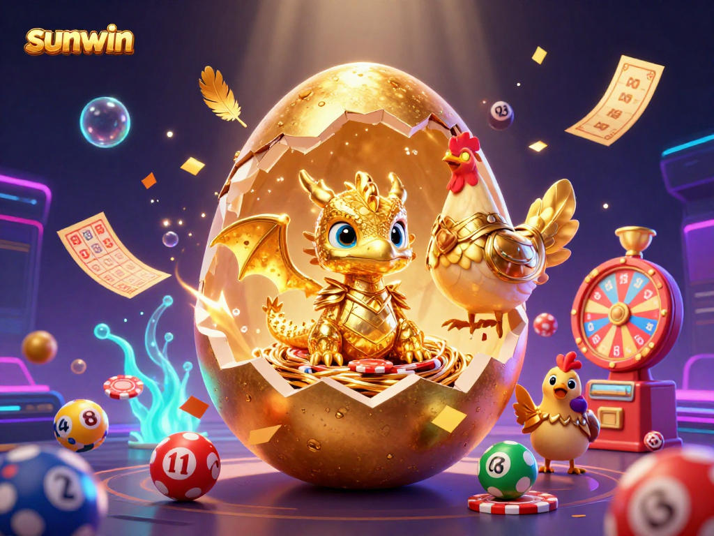 Sunwin offers a vibrant golden dragon emerging amid exciting gaming elements, perfect for casino enthusiasts.
