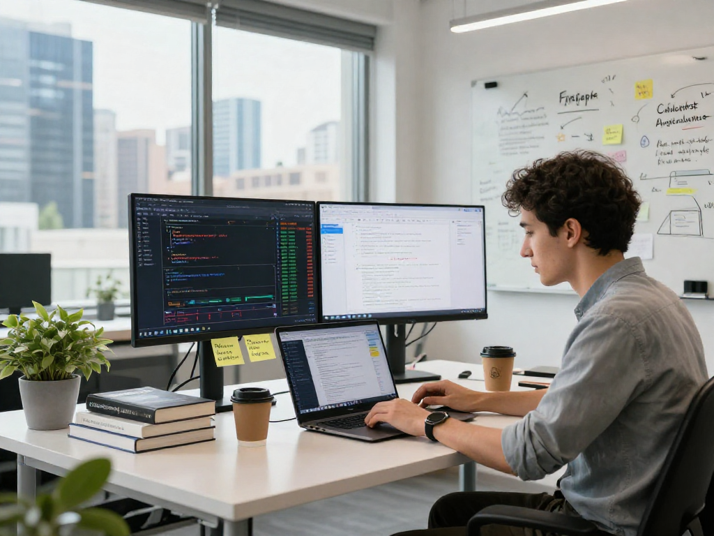 Developer utilizing the TOPIX index quote API on multiple screens in a modern trading workspace.