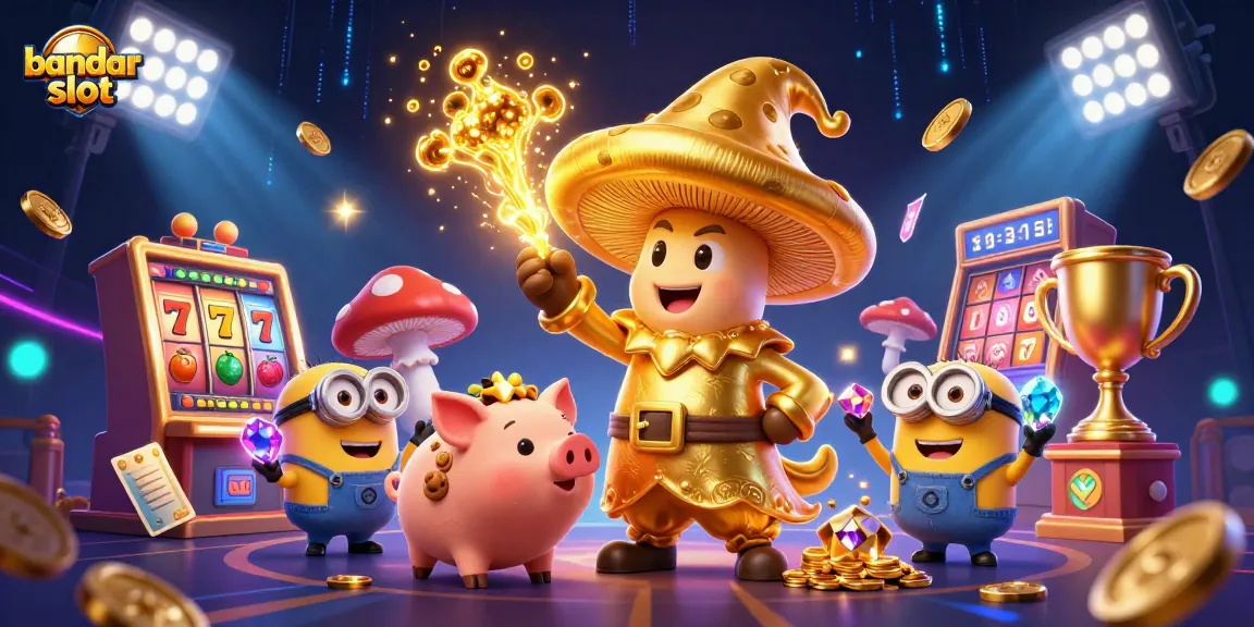 Experience exciting bandar slot gameplay with magical golden mushrooms and vibrant casino elements.