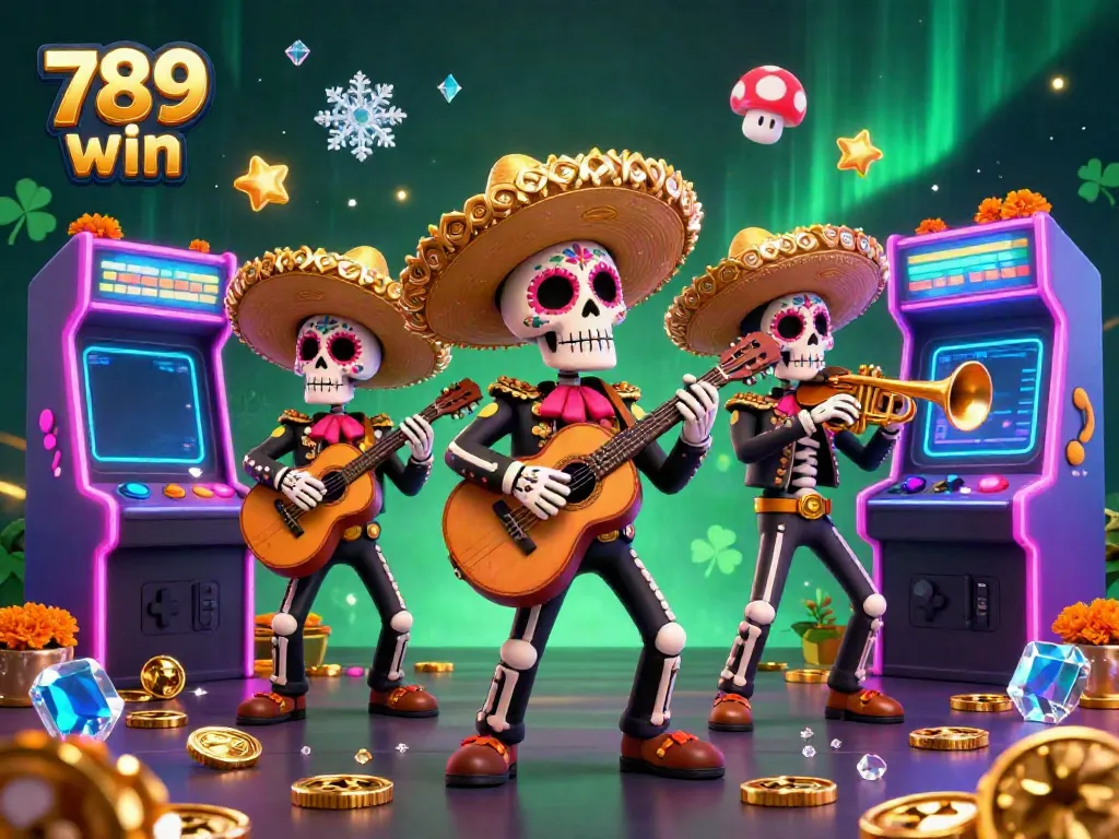 Engage with the vibrant world of 789 win through this colorful 3D illustration featuring a Day of the Dead mariachi band and lively gaming elements.