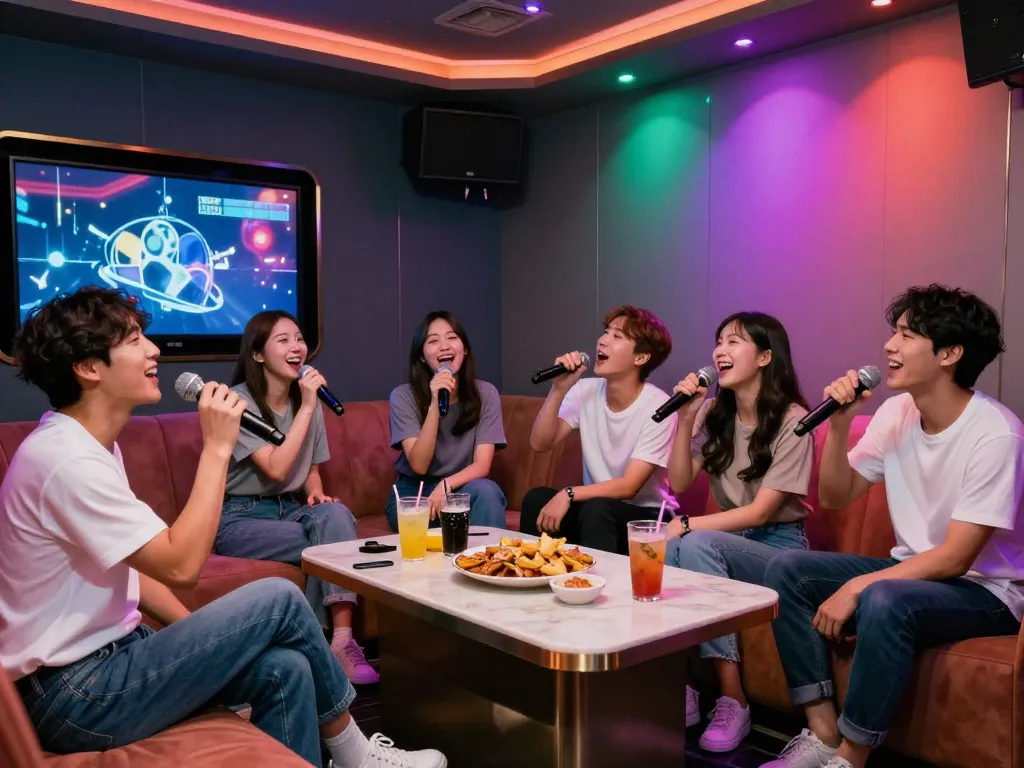화려한 장식과 활기찬 분위기 속에서 www.3no.org/bupyeong에서 노래방을 즐기는 친구들 그룹.