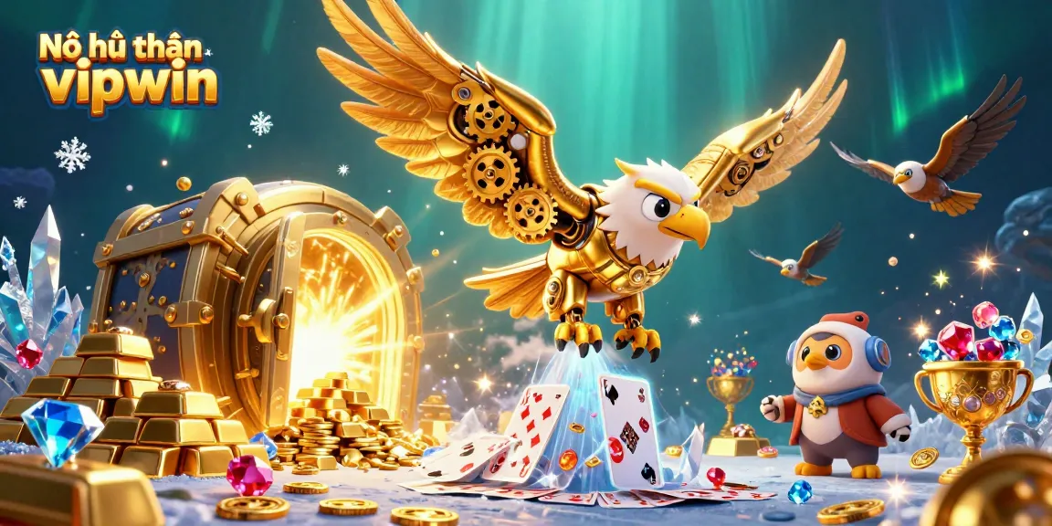 Nổ hũ thần tài vipwin showcases a vibrant 3D scene of thrilling gameplay with a golden eagle amidst treasure, enhancing the gaming experience.