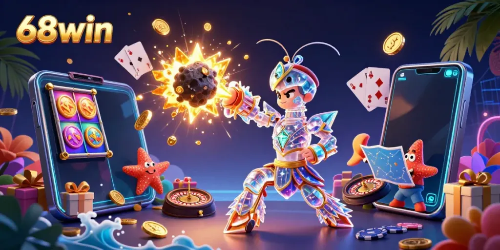 Engage with 68win's exciting gaming universe, featuring a galactic samurai and vibrant casino elements.