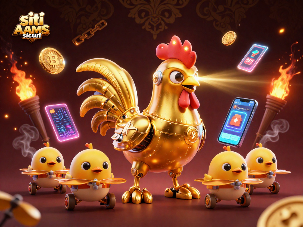 Gioca ai siti non AAMS sicuri con un robot gallo futuristico e droni in un paesaggio di casinò