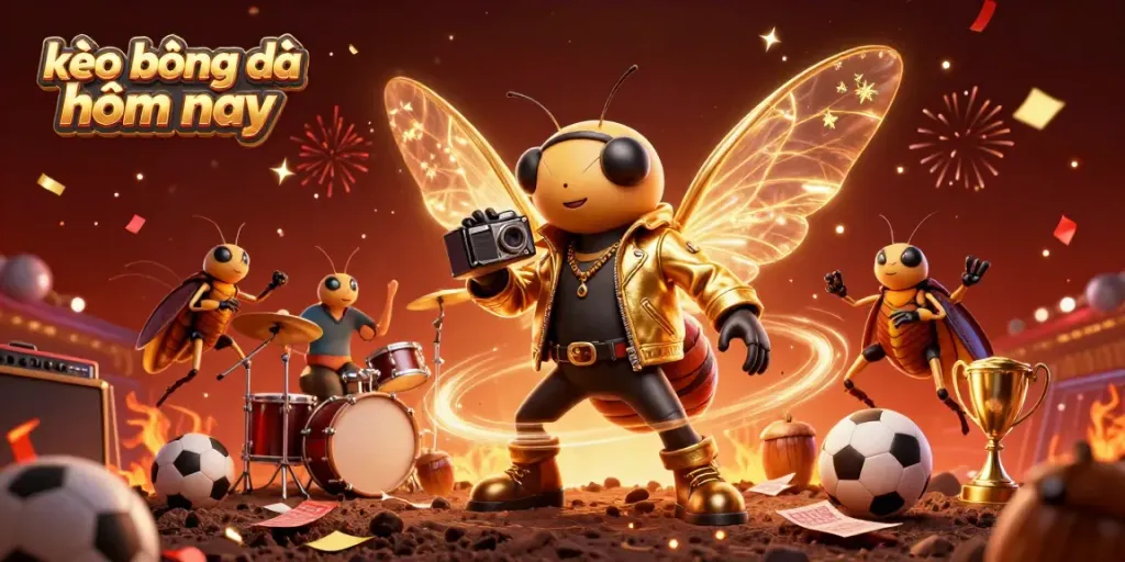 Engage in sports betting with the dynamic vibe of kèo bóng đá hôm nay, featuring vibrant characters and festive elements.