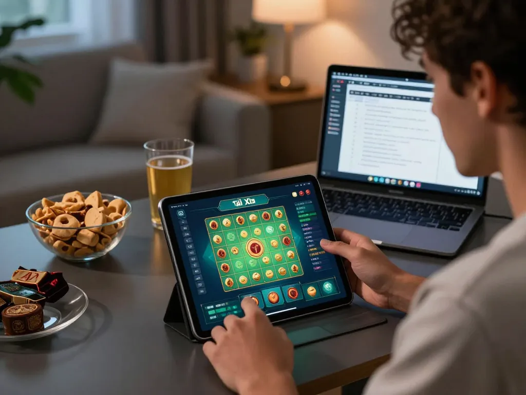 Player engaging with the Tài Xỉu app on taixiuonlinego in a cozy home setting moments before placing a bet.