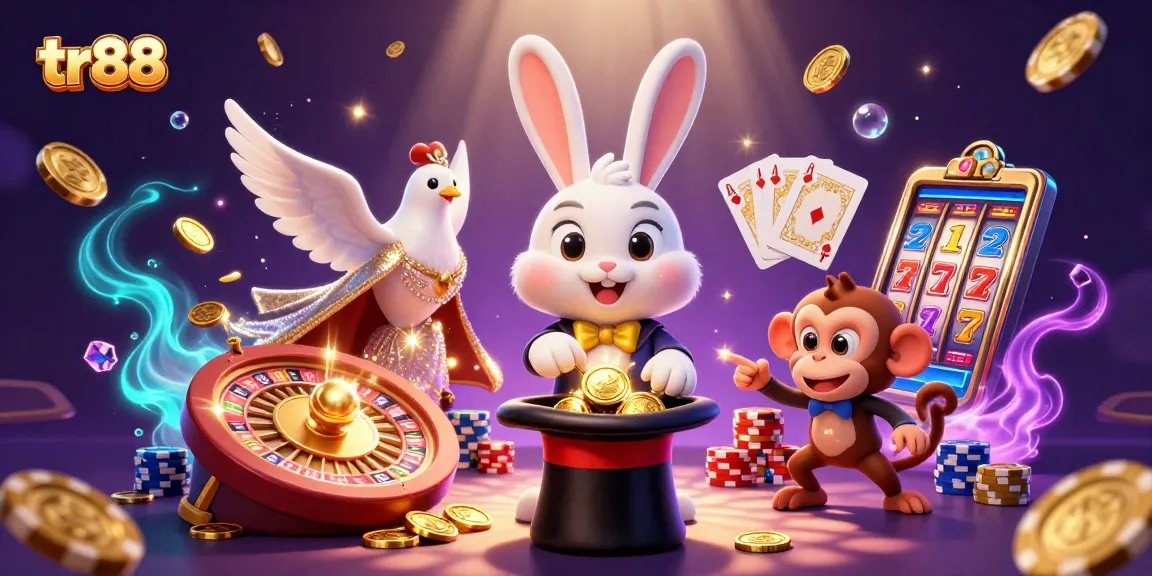 Experience the excitement of tr88 with a magical scene filled with coins, cards, and casino fun.