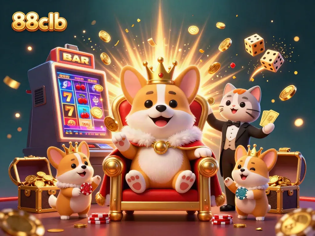 Engage with 88clb's vibrant casino scene featuring a royal corgi and golden treasures.