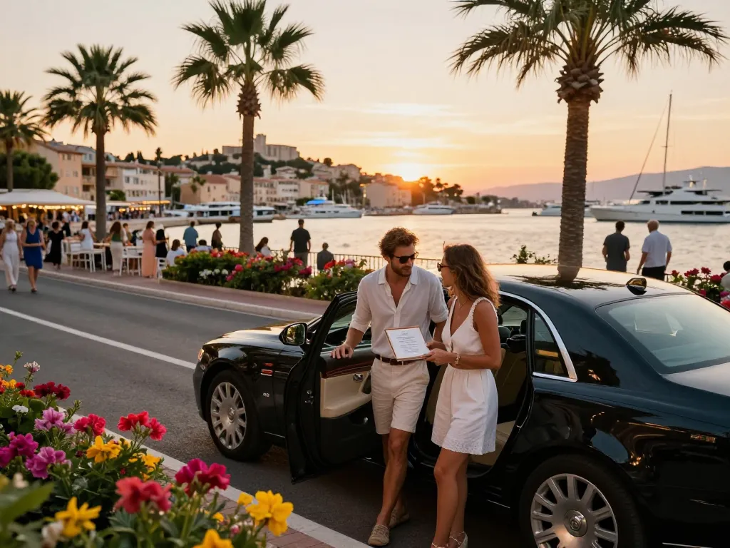 Taxi Saint Tropez couple arrivant à un dîner au coucher de soleil, cab luxueux dans un port pittoresque.