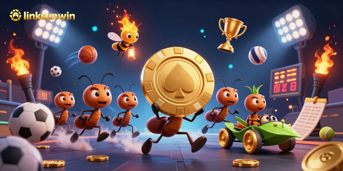 Vibrant scene of a heist with linksunwin ants carrying a poker chip amidst sports elements, highlighting action.