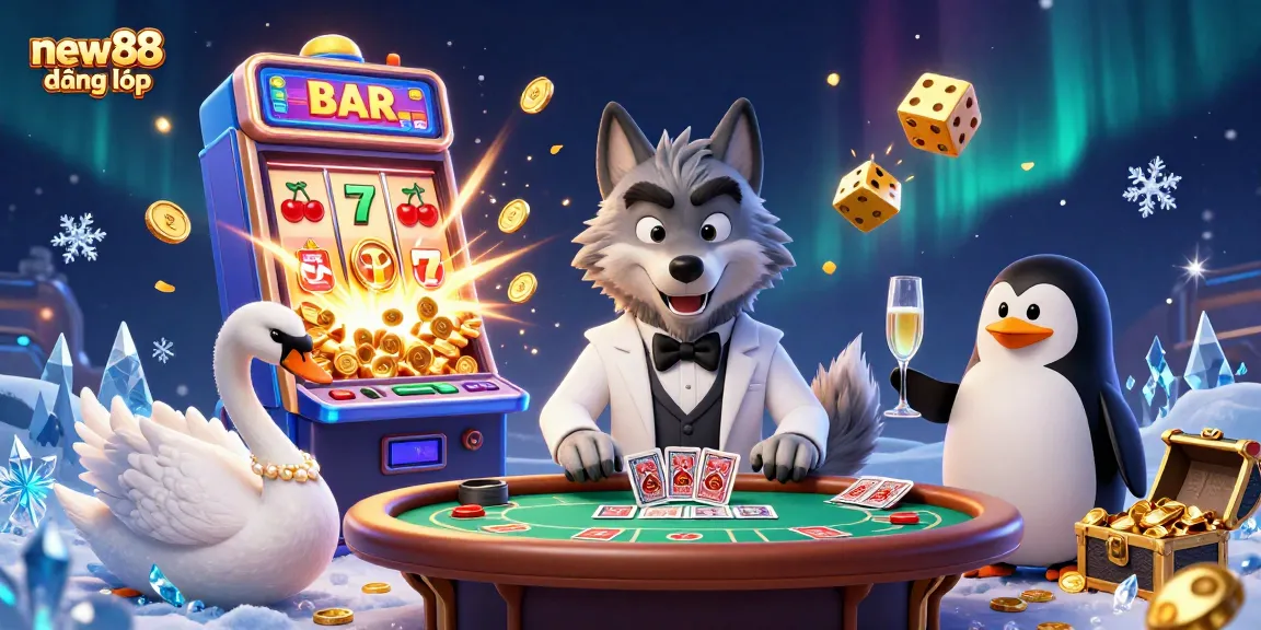 Experience thrilling gaming with new88 đăng nhập at a vibrant casino scene featuring animated characters and exciting game elements.