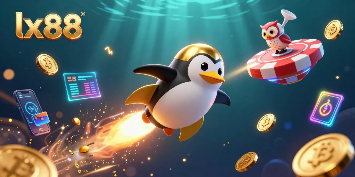 Engage with lx88 casino's dynamic gaming experience featuring a golden penguin blasting through space.
