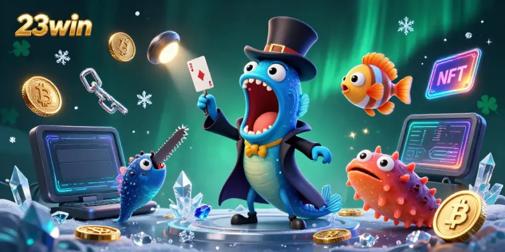 Experience thrilling gameplay at 23win with vibrant characters engaging in spectacular card tricks and crypto elements.