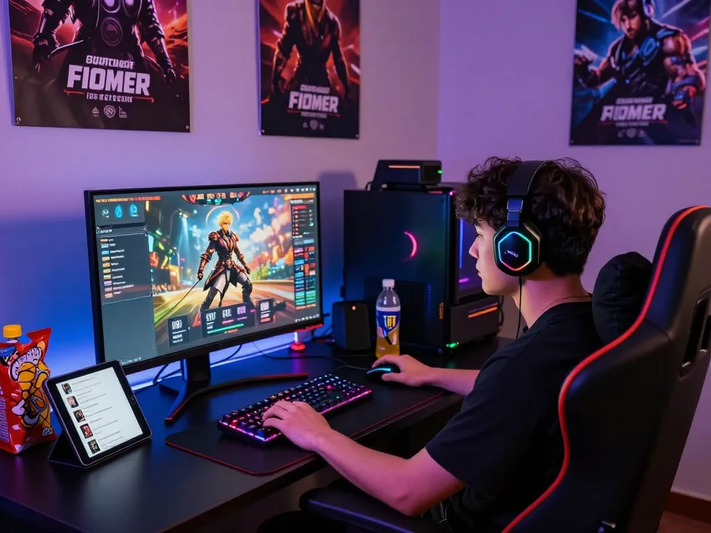 Engaging gamer playing online porn games on high-end setup in vibrant atmosphere.