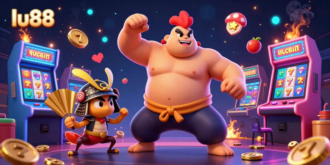 Engage with lu88's vibrant casino scene featuring a sumo wrestler rooster, fierce cricket, and tanuki announcer.