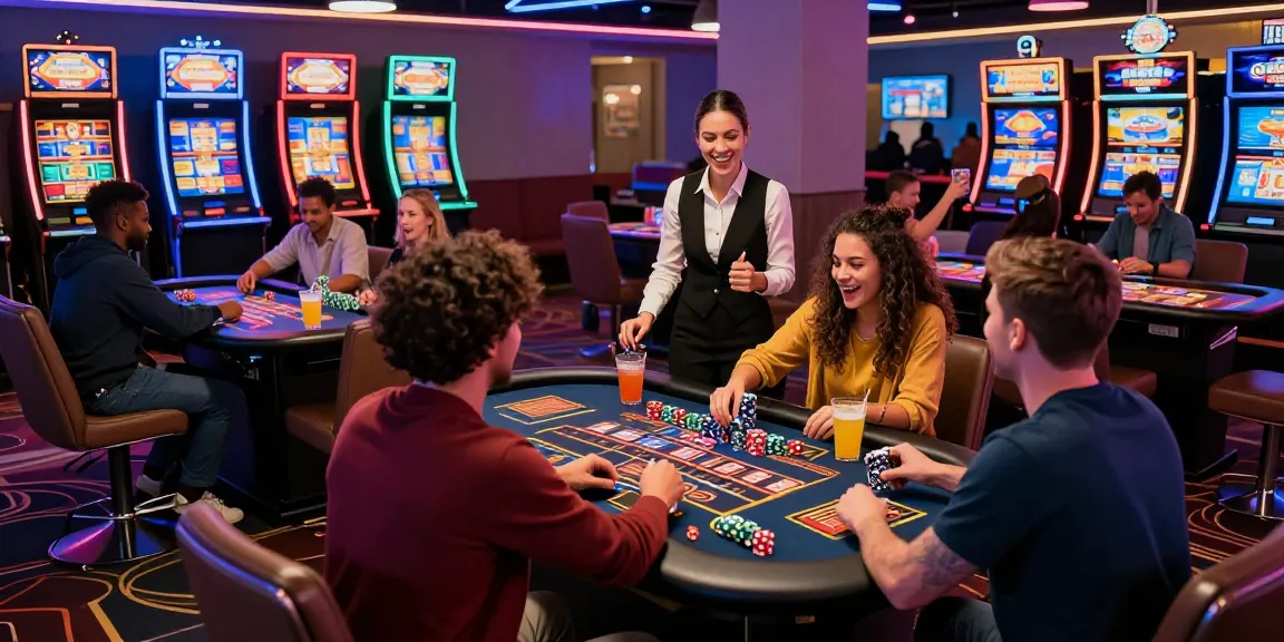 Exciting scene at non UK casinos not on Gamstop showing diverse friends celebrating wins while playing slot machines and live dealer games.