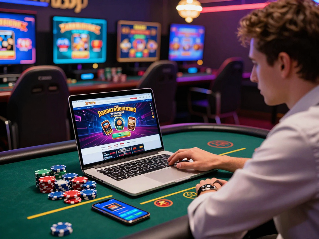 Giocatore nei migliori siti non AAMS sicuri, immerso in un' esperienza di gioco online con laptop e smartphone, atmosfera emozionante e coinvolgente.