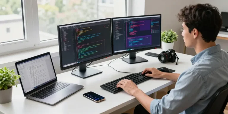 快连 developer optimizing network solutions in a modern tech workspace with vibrant screens and natural light.