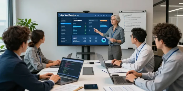 Team discussing age verification system processes in a modern office setting.