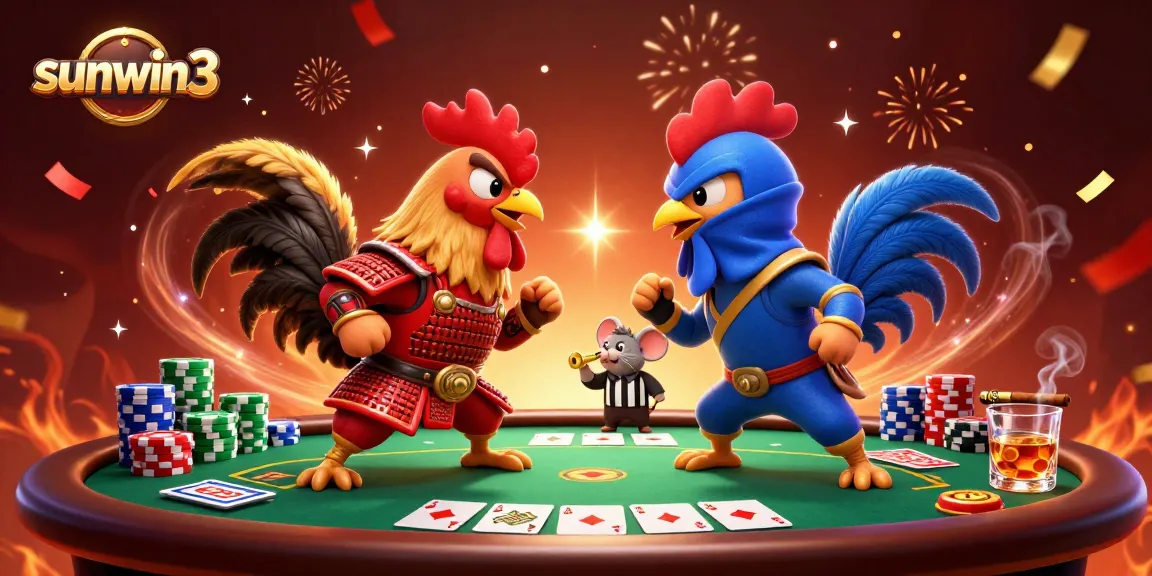 Experience the thrill of sunwin3 with fighting roosters and vibrant poker elements amidst dynamic casino action.