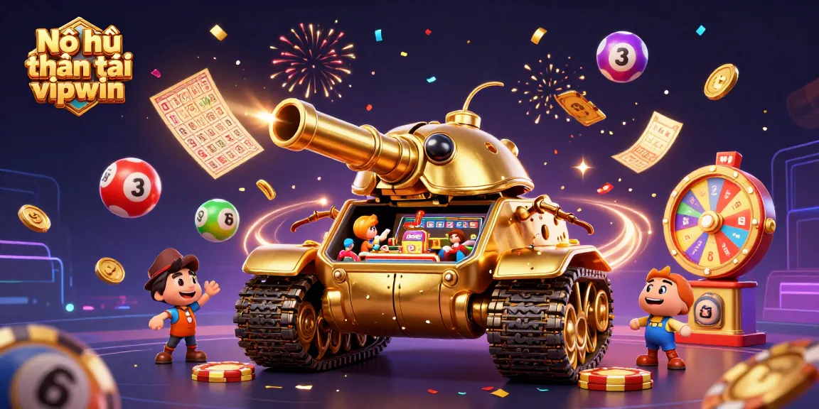 Nổ hũ thần tài vipwin jackpot tank revealing a casino, flying lottery balls and golden confetti rain