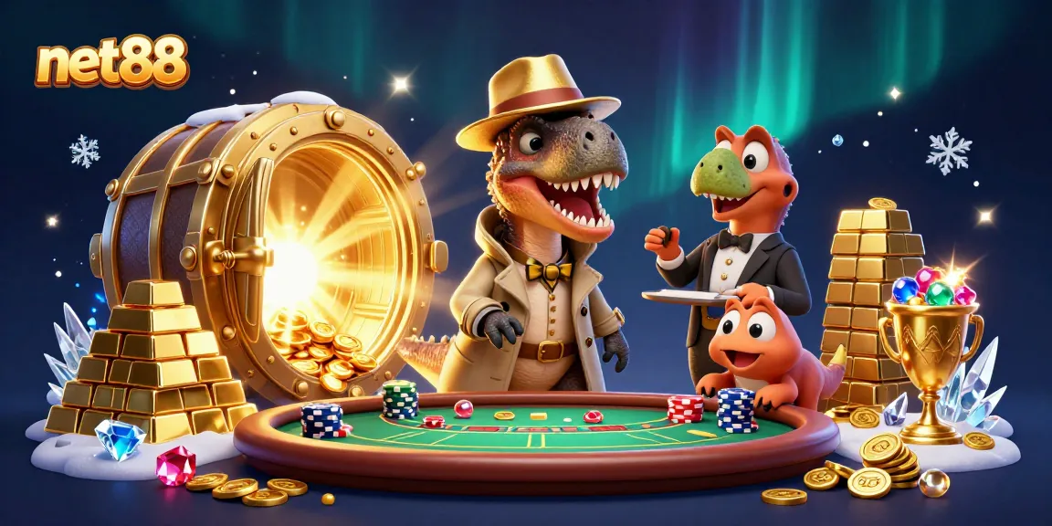 Experience thrilling gameplay at net88 with a velociraptor card counter amidst dazzling casino riches.