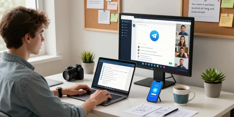 Using the Telegram Web Version in a modern home office setting with a laptop, smartphone, and notes.