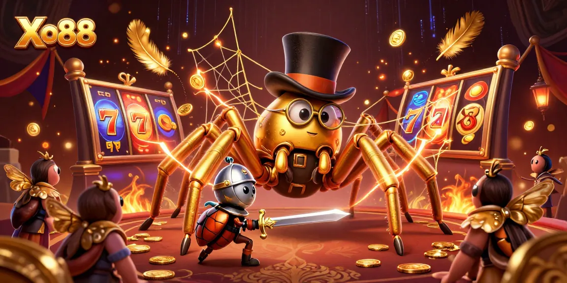 Xo88 showcases thrilling gameplay with a golden tarantula and knight amidst spinning slot reels.