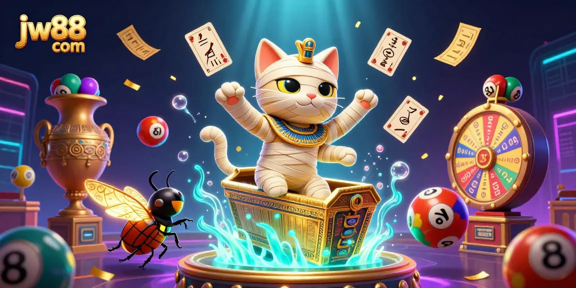 Win big with jw88 com in a vibrant, 3D cartoon casino scene featuring a mummy cat and more!