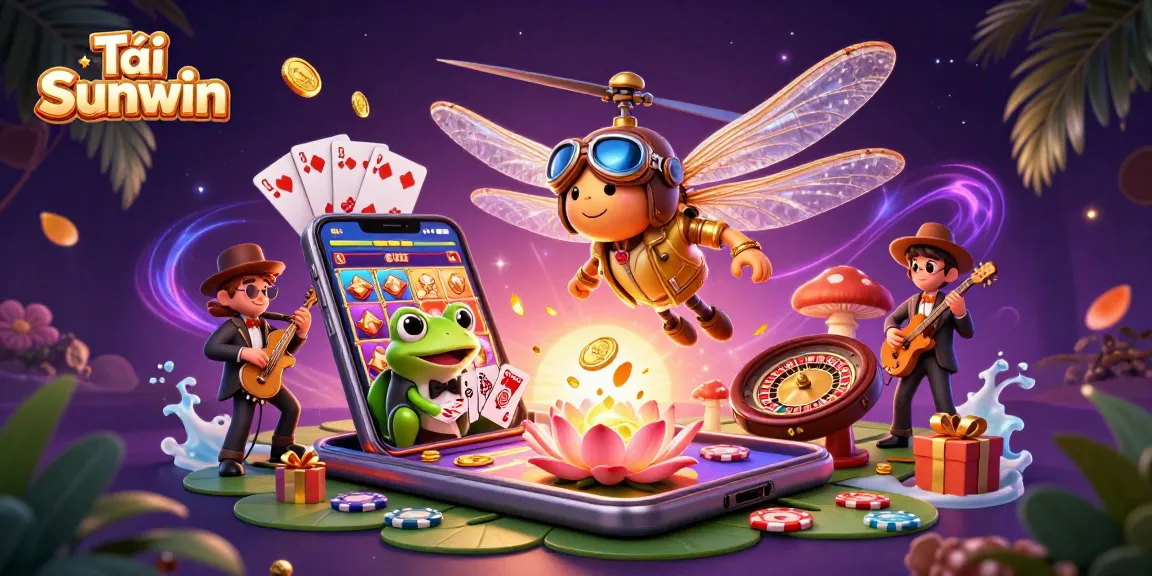 Experience vibrant casino excitement with Tải Sunwin at a lily pad casino featuring a dragonfly pilot and frog croupier.