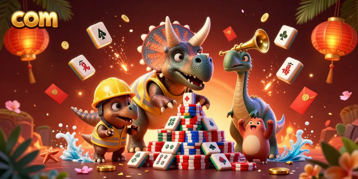 Celebrate casino victories with the vibrant com illustration of joyful dinosaurs and gaming symbols.