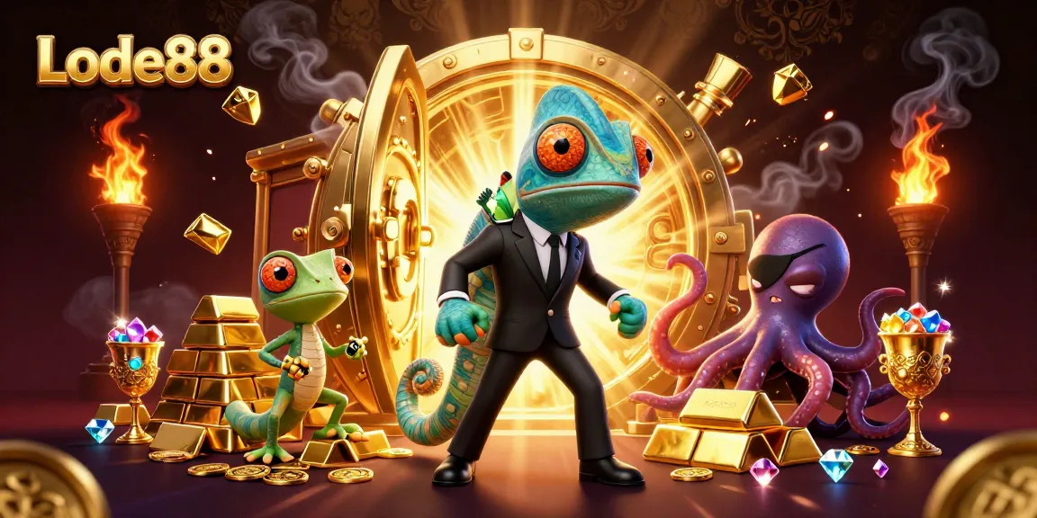 Lode88 captures thrilling moments with secret agent chameleon and tech-genius gecko in a vibrant casino scene.