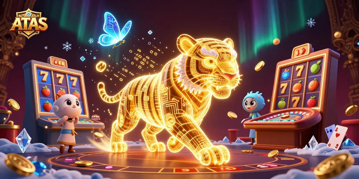 Engage with ATAS casino’s vibrant gaming universe filled with thrilling slot reels and a majestic tiger.