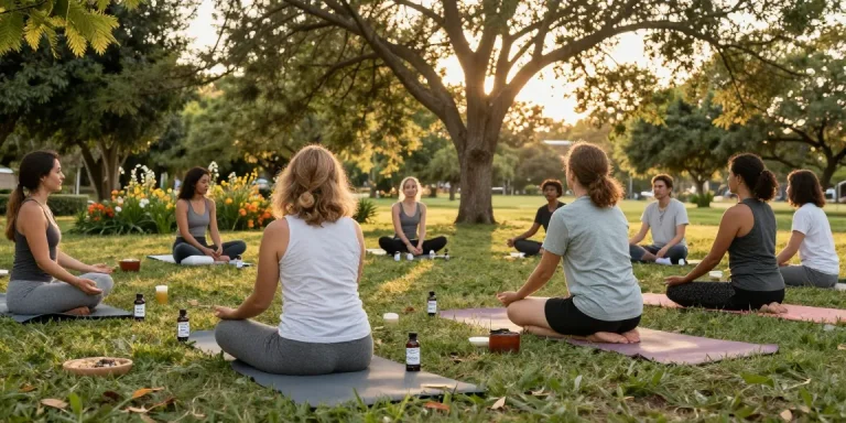 Official Ministry of Cannabis CBD oil amidst a serene outdoor yoga gathering for natural wellness and health benefits.