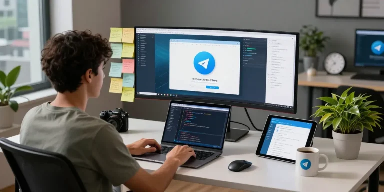 Engaging digital workspace for telegramin-cn.com showcasing a developer using Telegram features with tech gadgets.