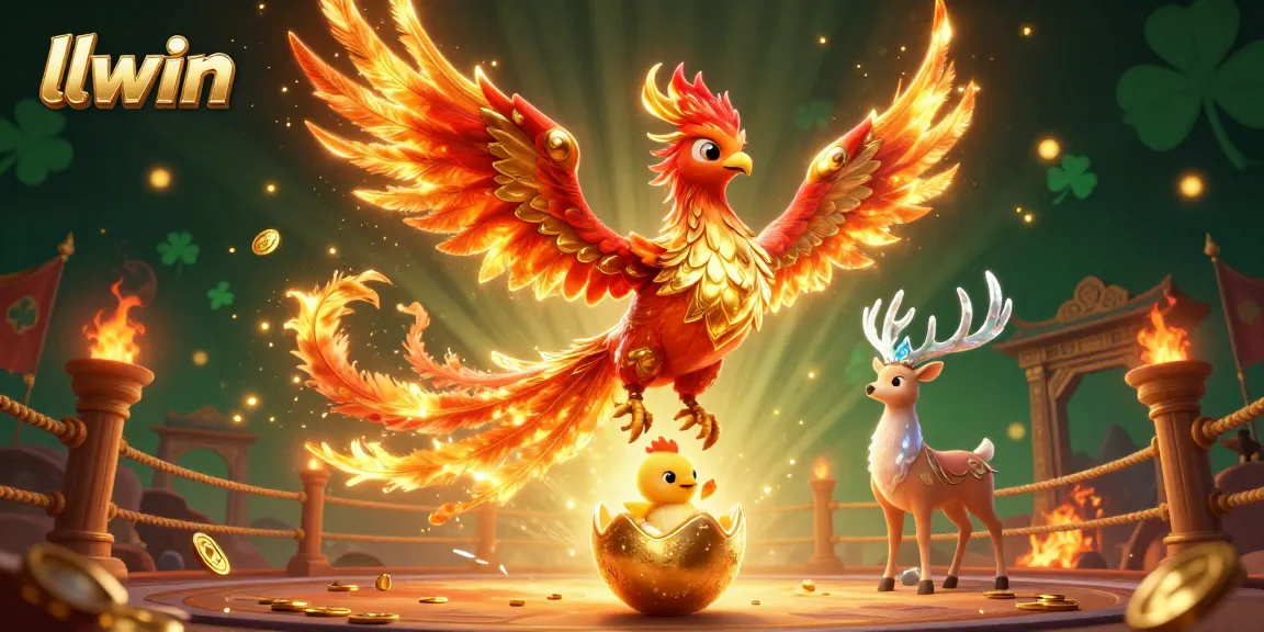 Experience thrilling gameplay with llwin, featuring a majestic phoenix and a mystical stag in a vibrant casino scene.