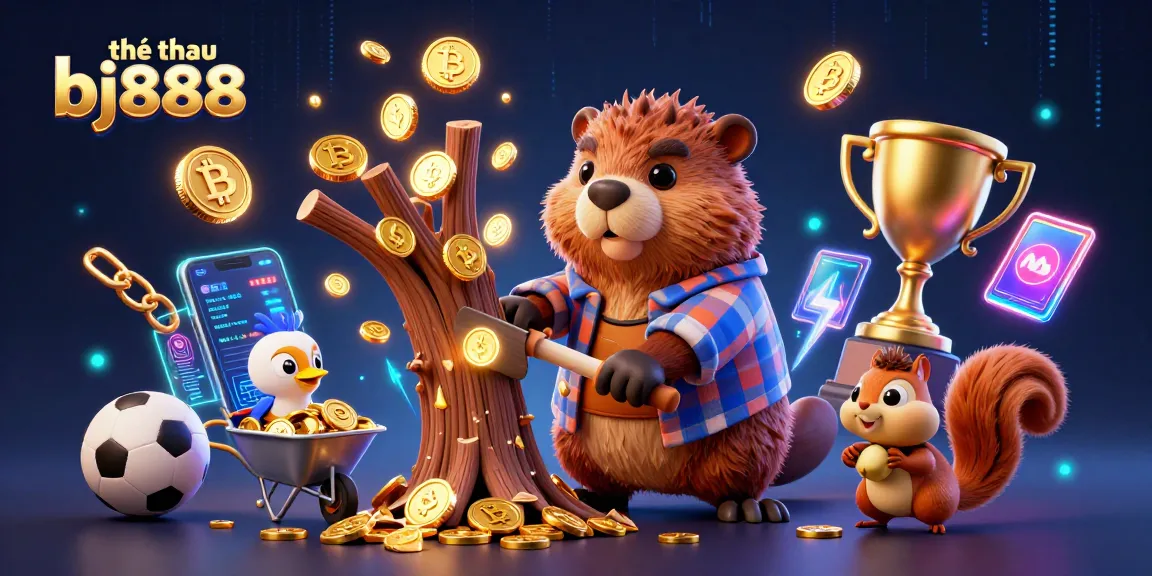 Experience the excitement of thể thao bj888 with a vibrant scene of a lumberjack beaver earning coins in a sports betting adventure.