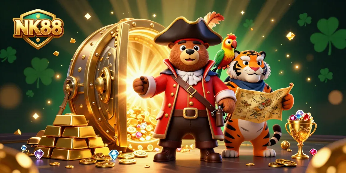 Engage in thrilling adventures with NK88's lively casino atmosphere featuring a pirate bear and a tiger.
