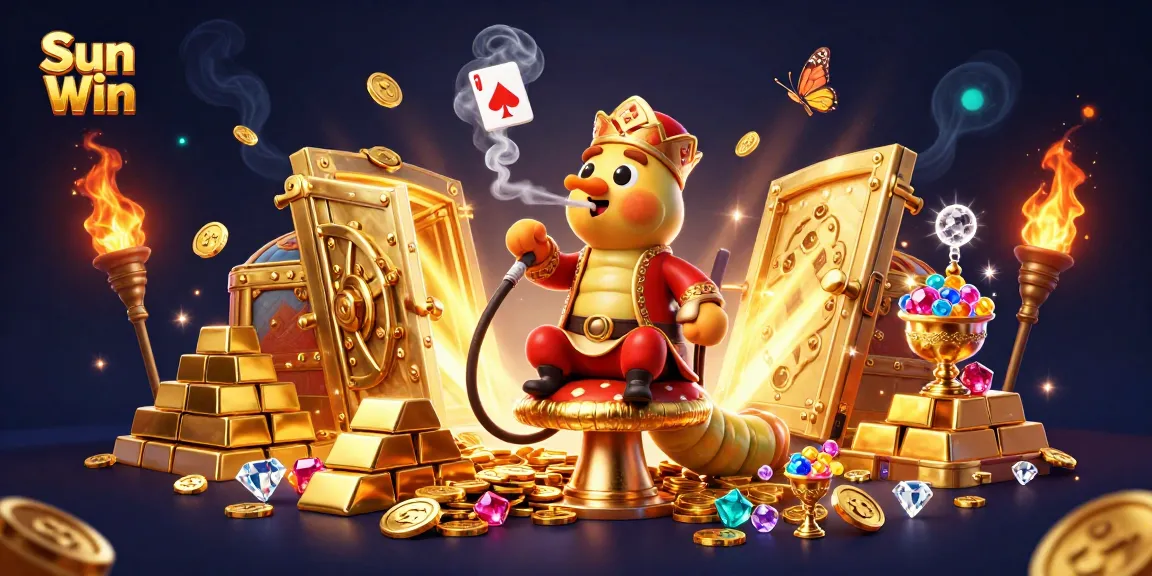 Experience excitement at Sun Win with a vibrant 3D illustration of a caterpillar master enjoying poker and treasures.
