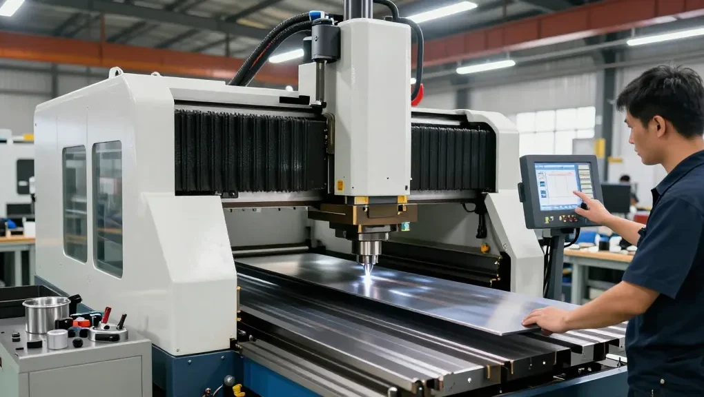 Hydraulic CNC press brake machine for precision metal bending in an advanced manufacturing facility, utilizing innovative technology.