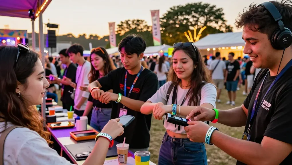 Attendees using pulseras NFC para festivales at a vibrant music event, enjoying seamless entry and cashless payments.
