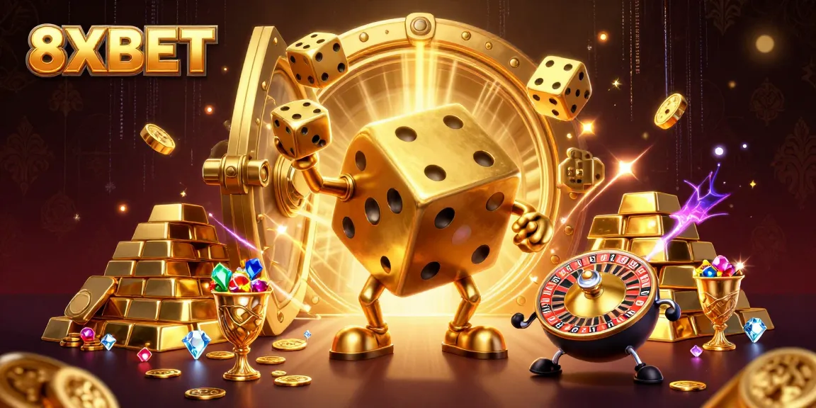 Experience engaging gaming action in 8XBET with a dynamic 3D illustration of a golden dice golem.