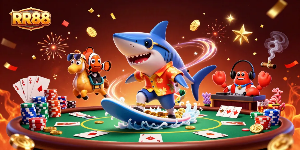 Experience the vibrant excitement of RR88 with a lively casino scene featuring a shark, fish, and crab characters.